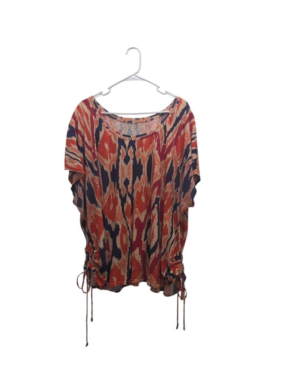 Lane Bryant 26/28 Ikat Print Cotton Slub Top Ruched Drawstring Hem Boho Plus